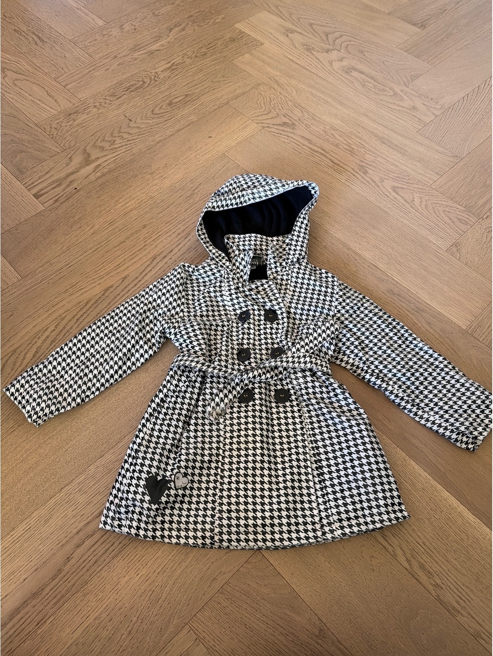 Tuc Tuc Girls Coat Size 4 104cm Black White Houndstooth Hooded Belted Trench